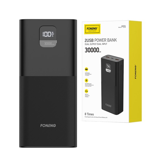 Banco de Potência Foneng P55 com Display LCD Digital e Dual USB 30000mAh 22,5W Preto